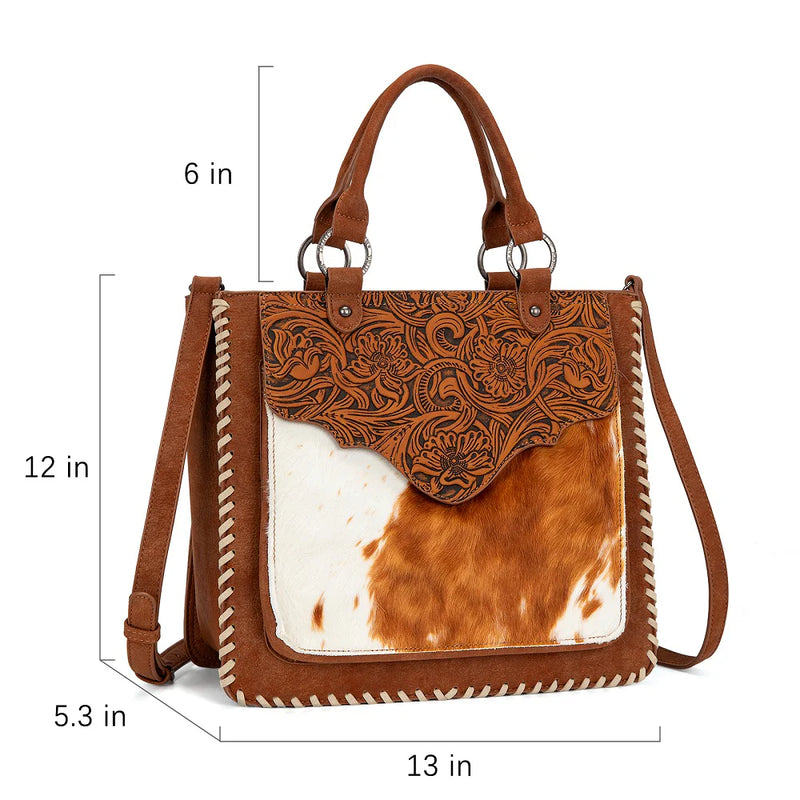 Load image into Gallery viewer, TR208-8317BR - Trinity Ranch Cowhide ＆ Tooled Leather Tote Bag - Brown
