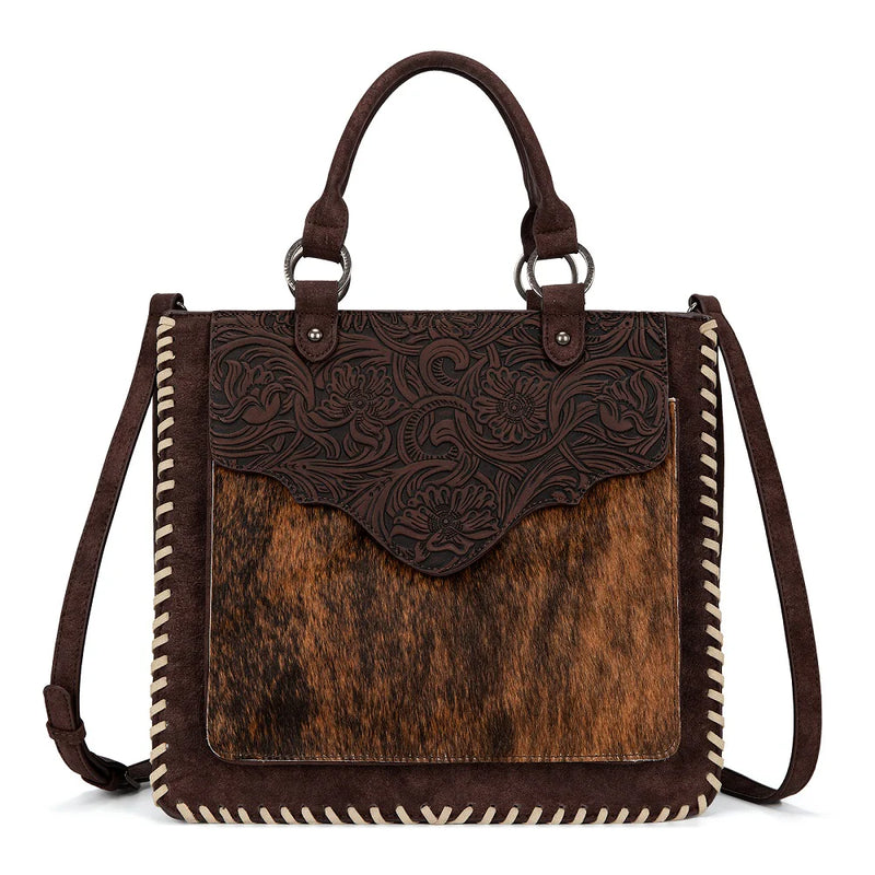 Load image into Gallery viewer, TR208-8317CF - Trinity Ranch Cowhide ＆ Tooled Leather Tote Bag - Coffee
