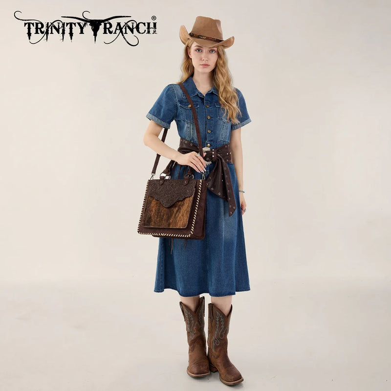 Load image into Gallery viewer, TR208-8317CF - Trinity Ranch Cowhide ＆ Tooled Leather Tote Bag - Coffee
