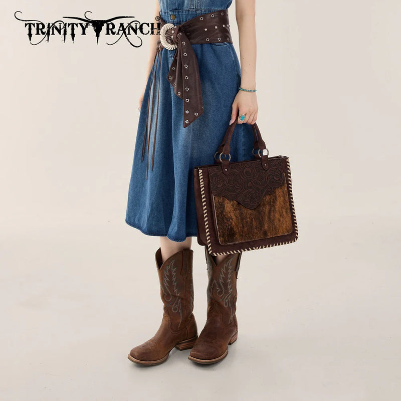 Load image into Gallery viewer, TR208-8317CF - Trinity Ranch Cowhide ＆ Tooled Leather Tote Bag - Coffee
