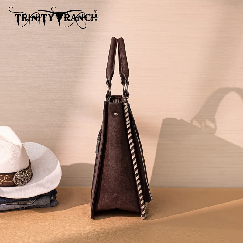 Load image into Gallery viewer, TR208-8317CF - Trinity Ranch Cowhide ＆ Tooled Leather Tote Bag - Coffee
