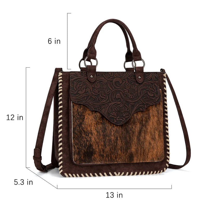 Load image into Gallery viewer, TR208-8317CF - Trinity Ranch Cowhide ＆ Tooled Leather Tote Bag - Coffee
