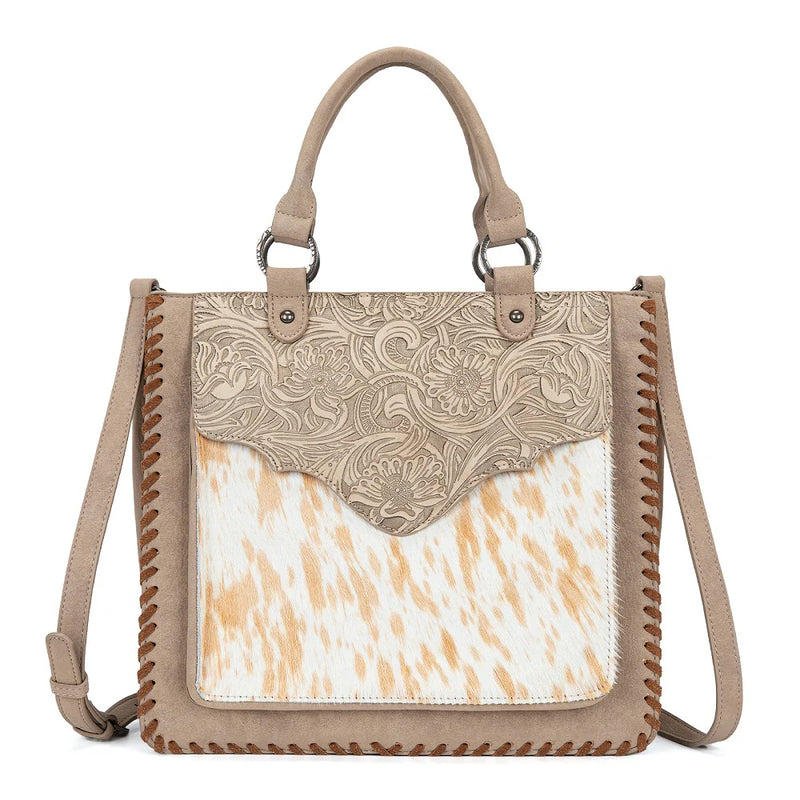 Load image into Gallery viewer, TR208-8317TN - Trinity Ranch Cowhide ＆ Tooled Leather Tote Bag - Tan
