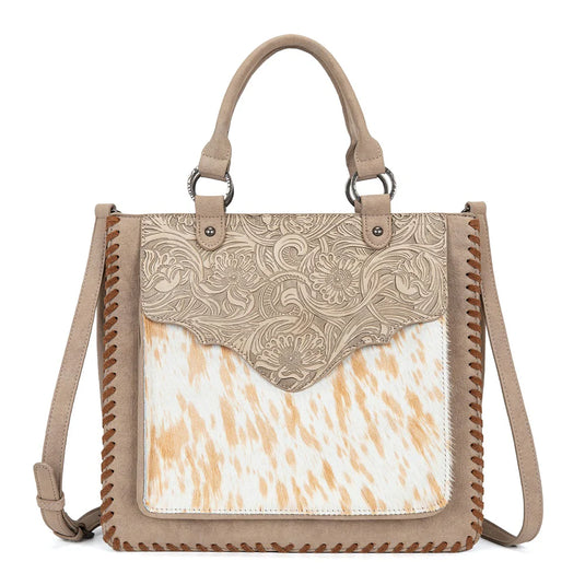 TR208-8317TN - Trinity Ranch Cowhide ＆ Tooled Leather Tote Bag - Tan
