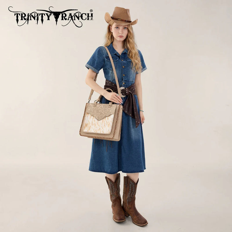 Load image into Gallery viewer, TR208-8317TN - Trinity Ranch Cowhide ＆ Tooled Leather Tote Bag - Tan
