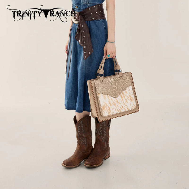 Load image into Gallery viewer, TR208-8317TN - Trinity Ranch Cowhide ＆ Tooled Leather Tote Bag - Tan
