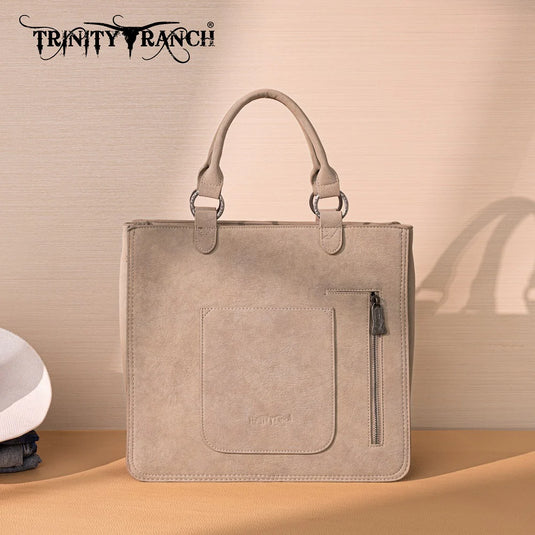 TR208-8317TN - Trinity Ranch Cowhide ＆ Tooled Leather Tote Bag - Tan