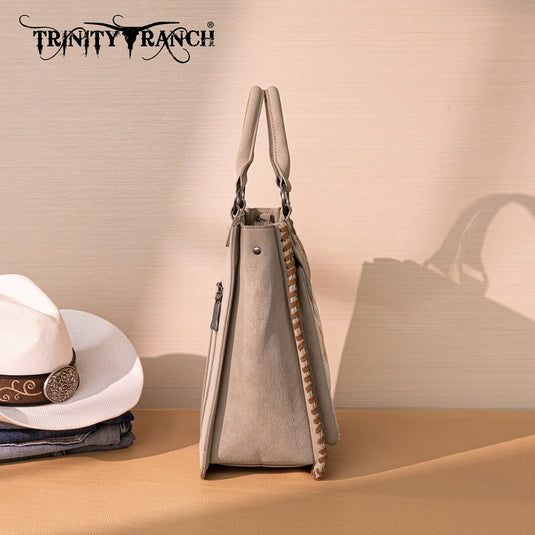 TR208-8317TN - Trinity Ranch Cowhide ＆ Tooled Leather Tote Bag - Tan