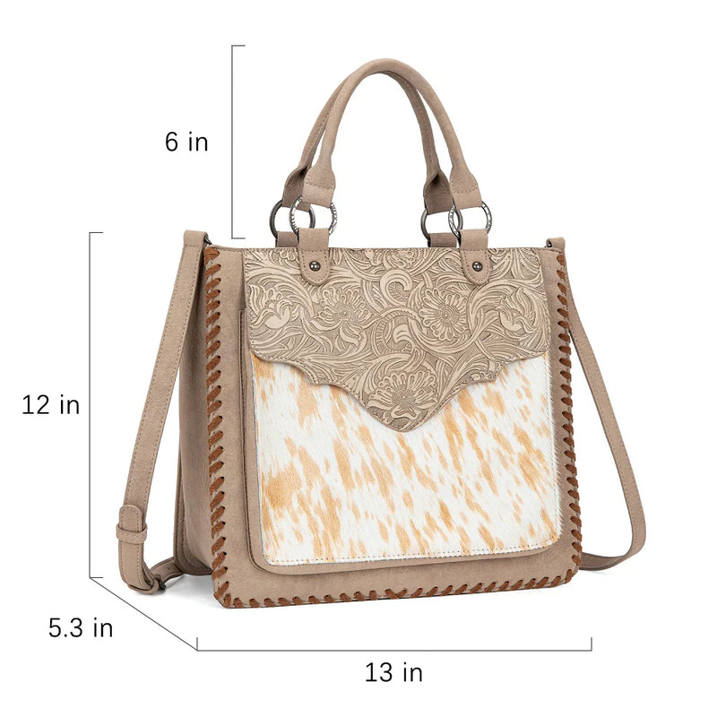 Load image into Gallery viewer, TR208-8317TN - Trinity Ranch Cowhide ＆ Tooled Leather Tote Bag - Tan
