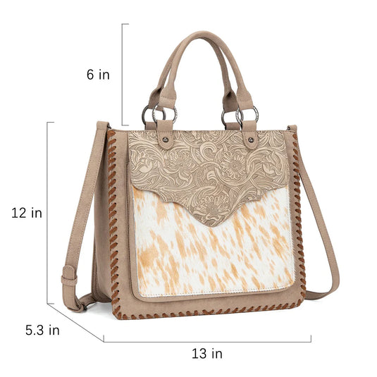 TR208-8317TN - Trinity Ranch Cowhide ＆ Tooled Leather Tote Bag - Tan