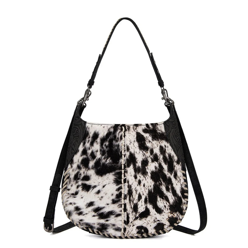 Load image into Gallery viewer, TR208-8360BK - Trinity Ranch Cowhide ＆ Tooled Leather Hobo Crossbody Bag - Black
