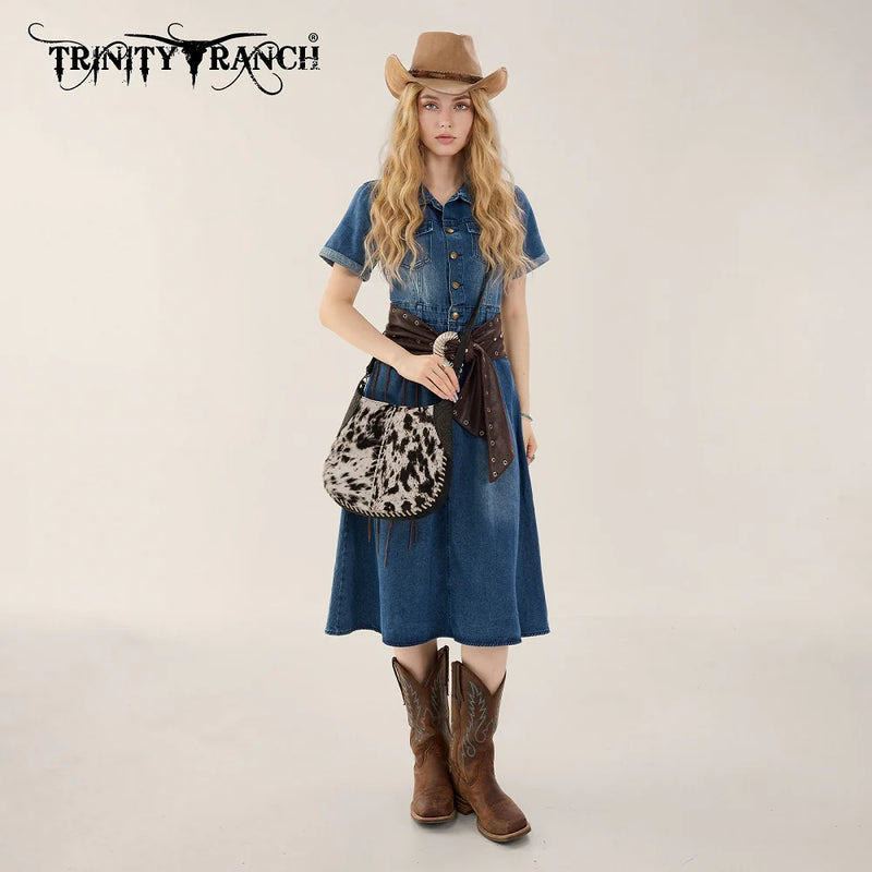 Load image into Gallery viewer, TR208-8360BK - Trinity Ranch Cowhide ＆ Tooled Leather Hobo Crossbody Bag - Black
