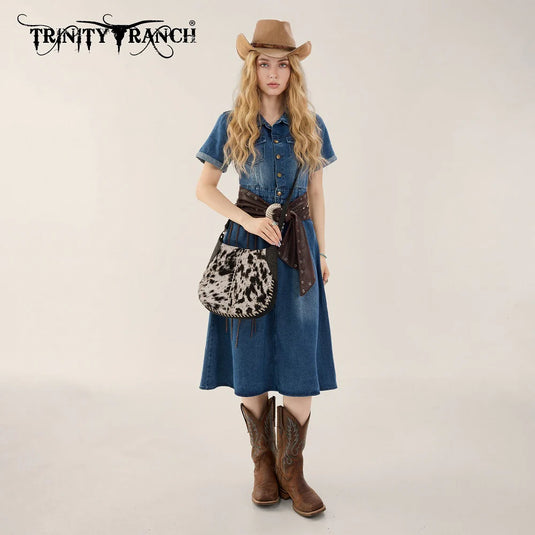 TR208-8360BK - Trinity Ranch Cowhide ＆ Tooled Leather Hobo Crossbody Bag - Black