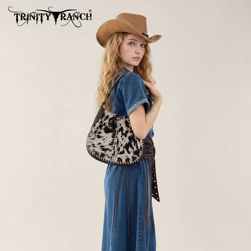 Load image into Gallery viewer, TR208-8360BK - Trinity Ranch Cowhide ＆ Tooled Leather Hobo Crossbody Bag - Black
