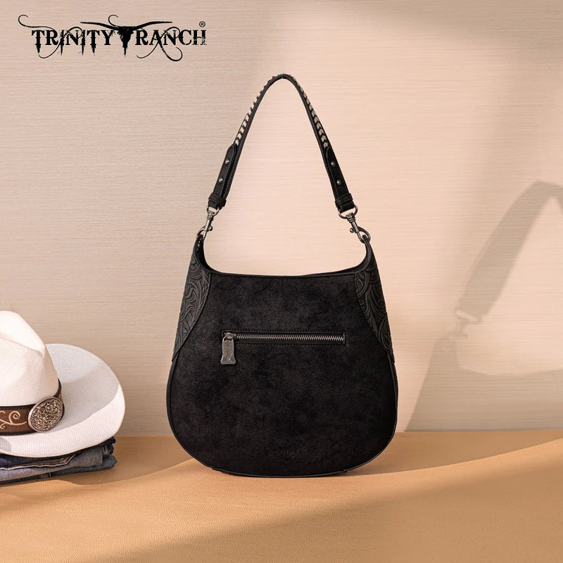 Load image into Gallery viewer, TR208-8360BK - Trinity Ranch Cowhide ＆ Tooled Leather Hobo Crossbody Bag - Black
