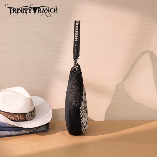 TR208-8360BK - Trinity Ranch Cowhide ＆ Tooled Leather Hobo Crossbody Bag - Black