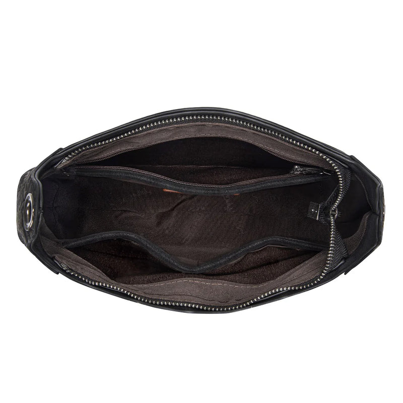 Load image into Gallery viewer, TR208-8360BK - Trinity Ranch Cowhide ＆ Tooled Leather Hobo Crossbody Bag - Black

