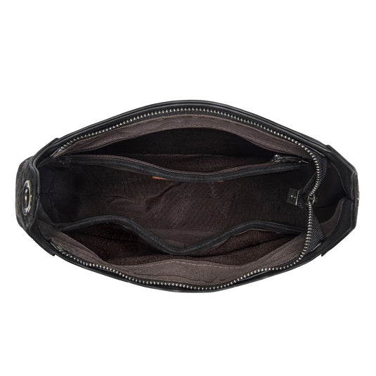 TR208-8360BK - Trinity Ranch Cowhide ＆ Tooled Leather Hobo Crossbody Bag - Black