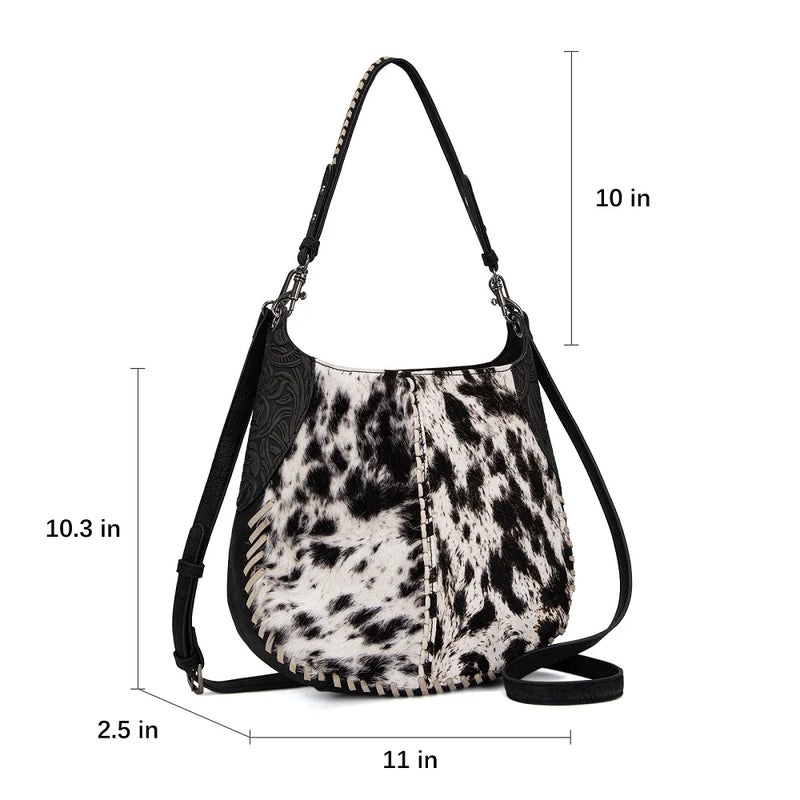 Load image into Gallery viewer, TR208-8360BK - Trinity Ranch Cowhide ＆ Tooled Leather Hobo Crossbody Bag - Black
