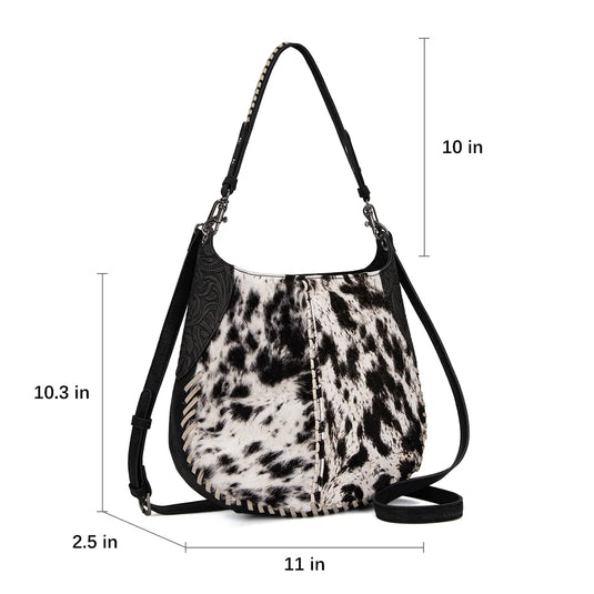 TR208-8360BK - Trinity Ranch Cowhide ＆ Tooled Leather Hobo Crossbody Bag - Black