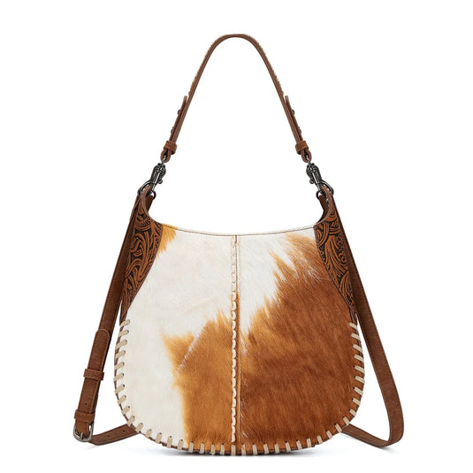 TR208-8360BR - Trinity Ranch Cowhide ＆ Tooled Leather Hobo Crossbody Bag - Brown