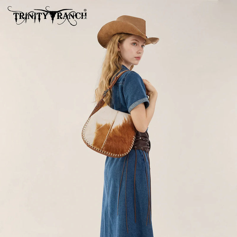 Load image into Gallery viewer, TR208-8360BR - Trinity Ranch Cowhide ＆ Tooled Leather Hobo Crossbody Bag - Brown
