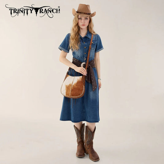 TR208-8360BR - Trinity Ranch Cowhide ＆ Tooled Leather Hobo Crossbody Bag - Brown