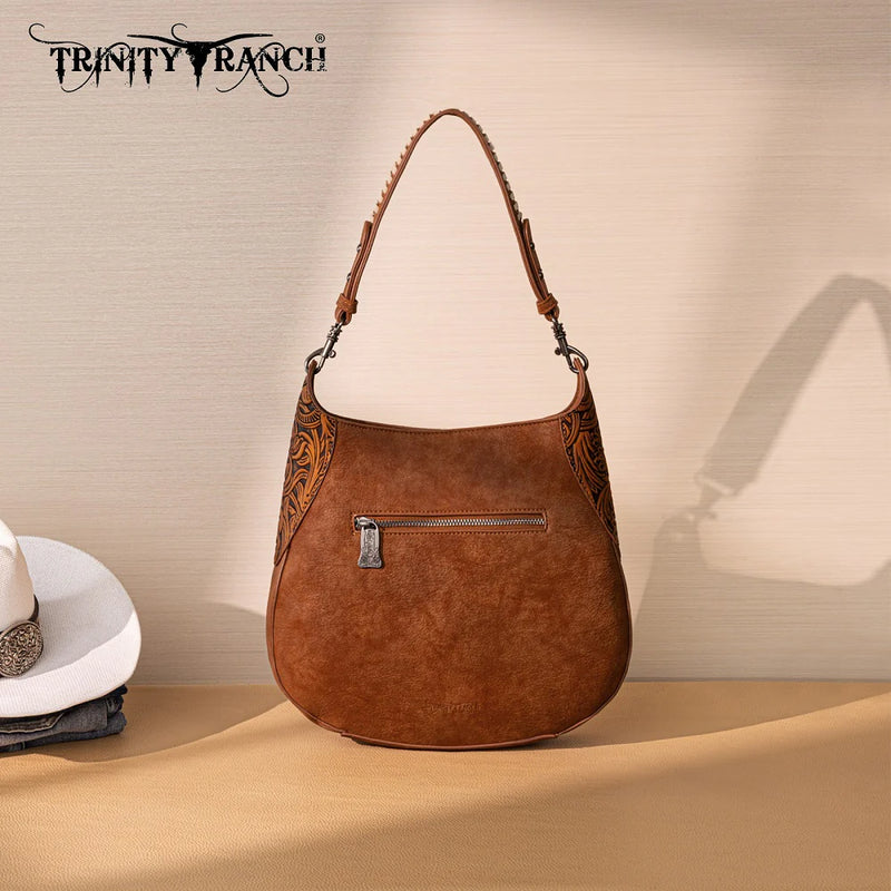 Load image into Gallery viewer, TR208-8360BR - Trinity Ranch Cowhide ＆ Tooled Leather Hobo Crossbody Bag - Brown
