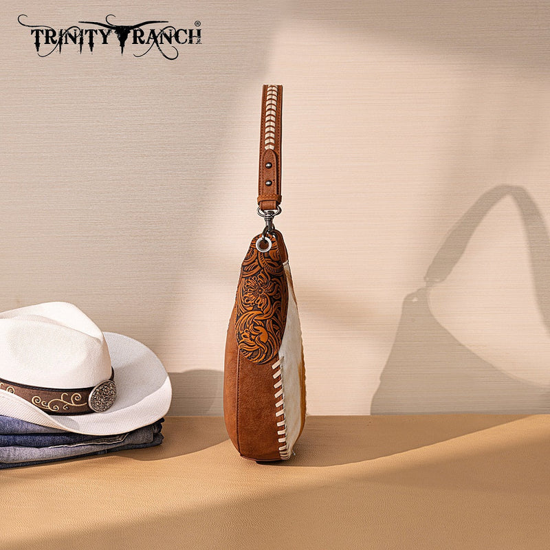 Load image into Gallery viewer, TR208-8360BR - Trinity Ranch Cowhide ＆ Tooled Leather Hobo Crossbody Bag - Brown
