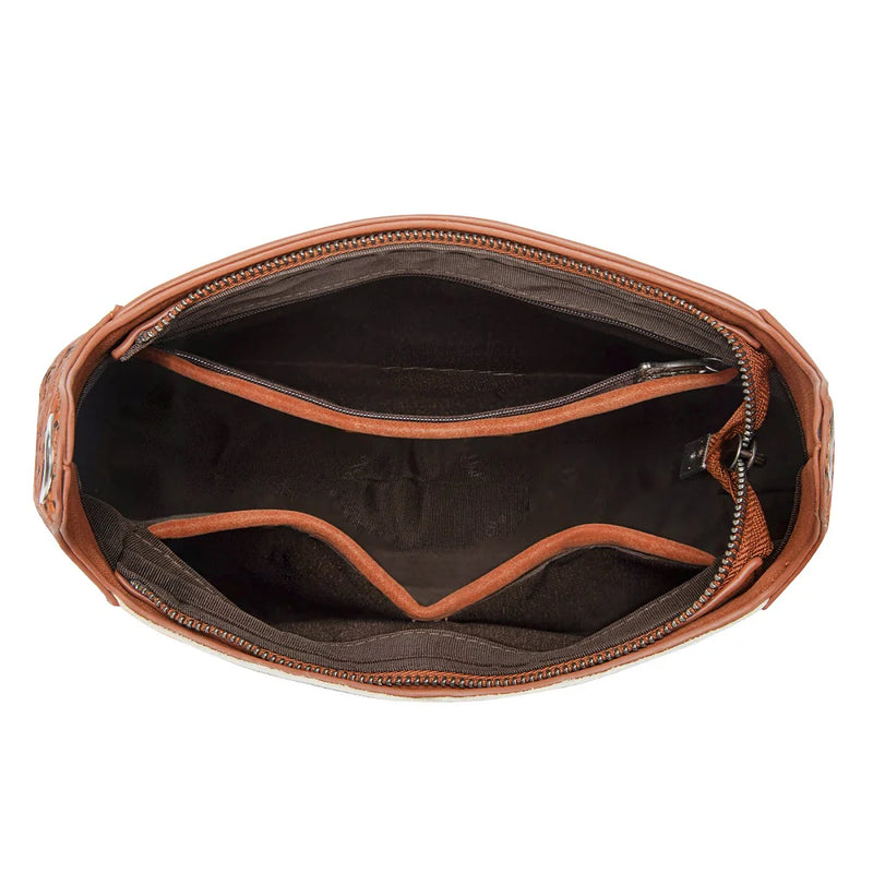 Load image into Gallery viewer, TR208-8360BR - Trinity Ranch Cowhide ＆ Tooled Leather Hobo Crossbody Bag - Brown
