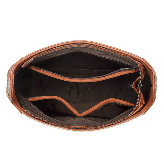 TR208-8360BR - Trinity Ranch Cowhide ＆ Tooled Leather Hobo Crossbody Bag - Brown