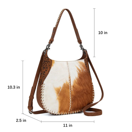 TR208-8360BR - Trinity Ranch Cowhide ＆ Tooled Leather Hobo Crossbody Bag - Brown