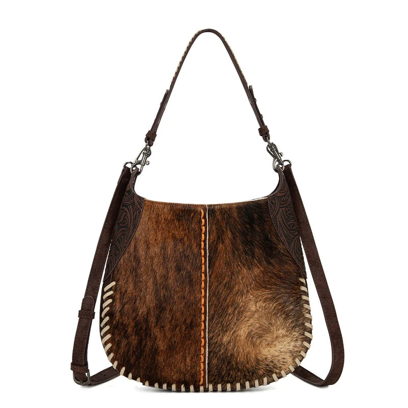 Load image into Gallery viewer, TR208-8360CF - Trinity Ranch Cowhide ＆ Tooled Leather Hobo Crossbody Bag - Coffee
