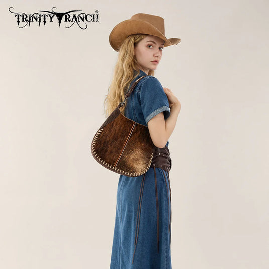 TR208-8360CF - Trinity Ranch Cowhide ＆ Tooled Leather Hobo Crossbody Bag - Coffee