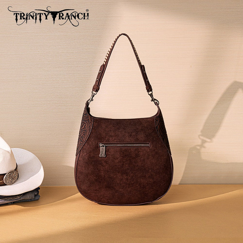 Load image into Gallery viewer, TR208-8360CF - Trinity Ranch Cowhide ＆ Tooled Leather Hobo Crossbody Bag - Coffee
