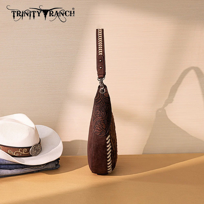Load image into Gallery viewer, TR208-8360CF - Trinity Ranch Cowhide ＆ Tooled Leather Hobo Crossbody Bag - Coffee
