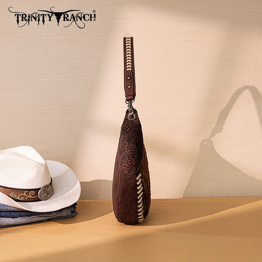 TR208-8360CF - Trinity Ranch Cowhide ＆ Tooled Leather Hobo Crossbody Bag - Coffee