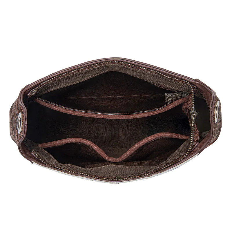 Load image into Gallery viewer, TR208-8360CF - Trinity Ranch Cowhide ＆ Tooled Leather Hobo Crossbody Bag - Coffee
