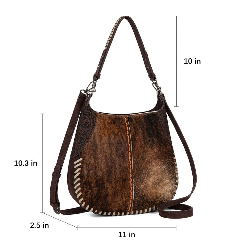 Load image into Gallery viewer, TR208-8360CF - Trinity Ranch Cowhide ＆ Tooled Leather Hobo Crossbody Bag - Coffee
