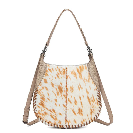 TR208-8360TN - Trinity Ranch Cowhide ＆ Tooled Leather Hobo Crossbody Bag - Tan