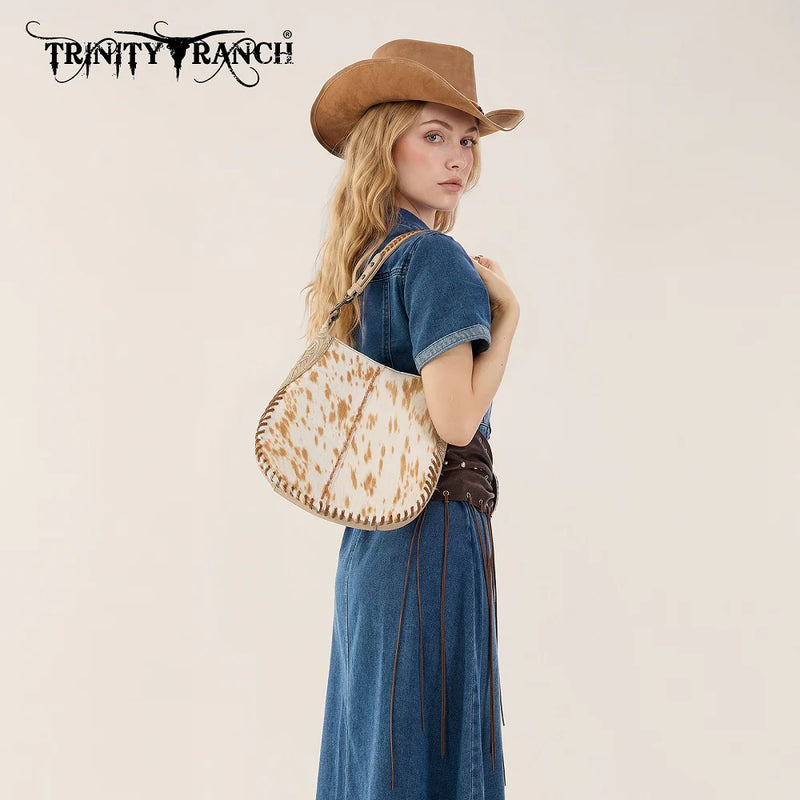 Load image into Gallery viewer, TR208-8360TN - Trinity Ranch Cowhide ＆ Tooled Leather Hobo Crossbody Bag - Tan
