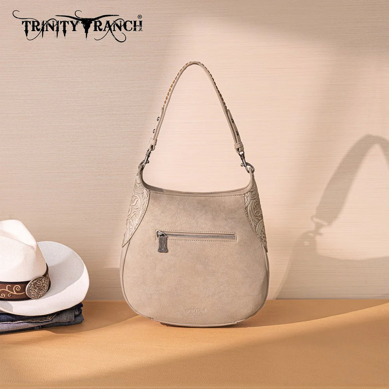 Load image into Gallery viewer, TR208-8360TN - Trinity Ranch Cowhide ＆ Tooled Leather Hobo Crossbody Bag - Tan
