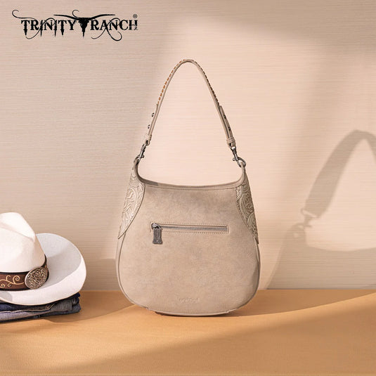 TR208-8360TN - Trinity Ranch Cowhide ＆ Tooled Leather Hobo Crossbody Bag - Tan