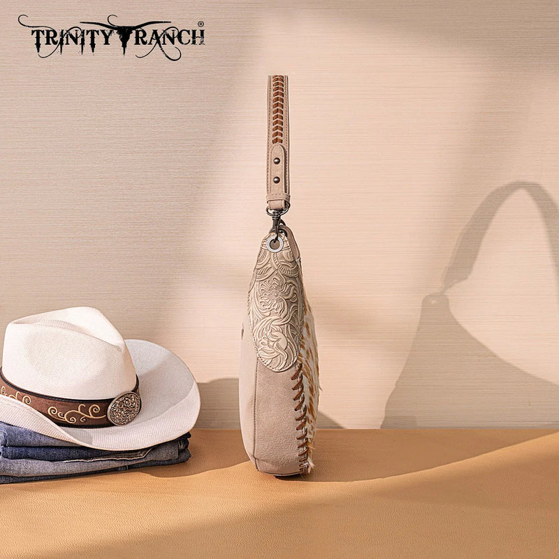 Load image into Gallery viewer, TR208-8360TN - Trinity Ranch Cowhide ＆ Tooled Leather Hobo Crossbody Bag - Tan
