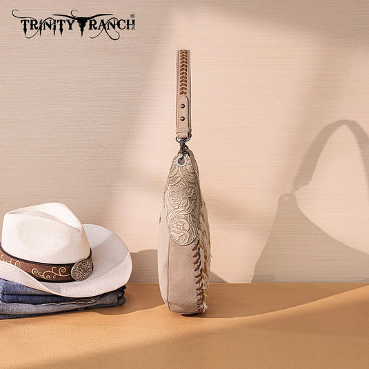 TR208-8360TN - Trinity Ranch Cowhide ＆ Tooled Leather Hobo Crossbody Bag - Tan