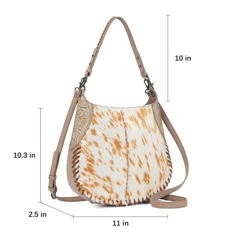 Load image into Gallery viewer, TR208-8360TN - Trinity Ranch Cowhide ＆ Tooled Leather Hobo Crossbody Bag - Tan

