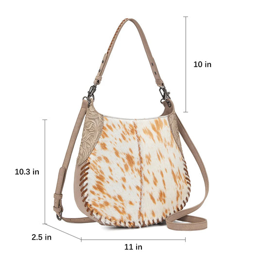 TR208-8360TN - Trinity Ranch Cowhide ＆ Tooled Leather Hobo Crossbody Bag - Tan