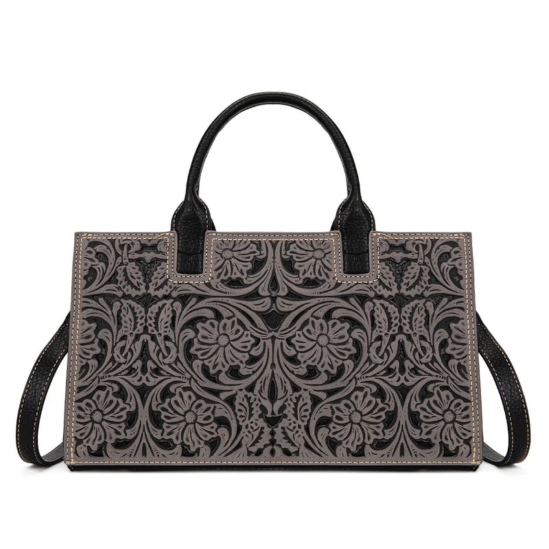 Load image into Gallery viewer, TR214-8802BK - Trinity Ranch Floral Tooled Leather Western Satchel Tote Bag - Black
