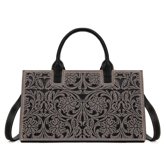TR214-8802BK - Trinity Ranch Floral Tooled Leather Western Satchel Tote Bag - Black
