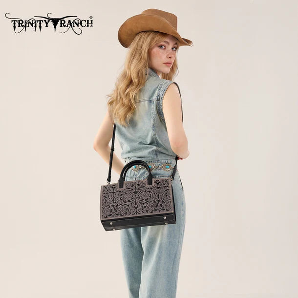 Load image into Gallery viewer, TR214-8802BK - Trinity Ranch Floral Tooled Leather Western Satchel Tote Bag - Black

